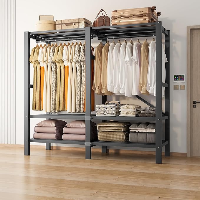49.2in Heavy Duty Portable Closet with Cover, 1500lbs Foldable Covered Metal Clothing Wardrobe Closet System, Heavy Duty Garment Rack for Hanging Clothes, for Bedroom, Apartment, Rental Property,Red