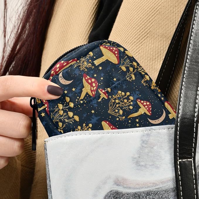 Fustylead Mystical Aesthetic Mushrooms Moon Stars Pill Organizers 2 Times A Day Pill Case Bag with Zipper Portable Weekly Pill Dispensers for Vitamin Supplement