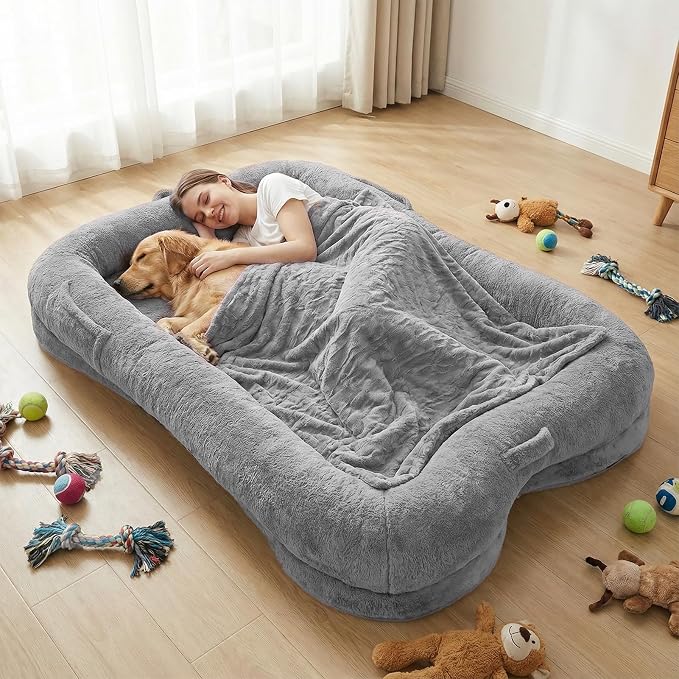 Human Dog Bed 71 x 47 x 12 in, Silver | Memory Foam Dog Bed for Humans & Large Pets, Removable & Washable, with Storage Pocket