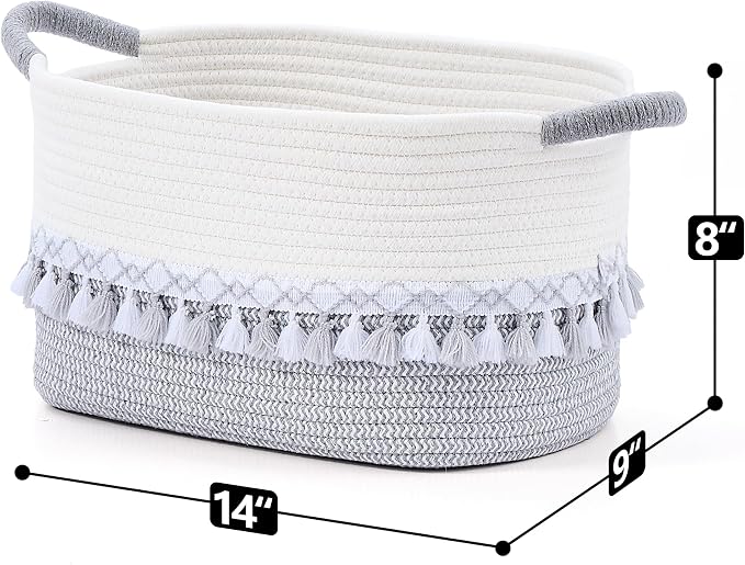 Storage Basket, Woven Baskets for Shelves, Gray | 3 Pack Boho Cotton Rope Storage Baskets, 14" x 9" x 8", Home Organizer for Nursery, Holds Toys, Books & Towels