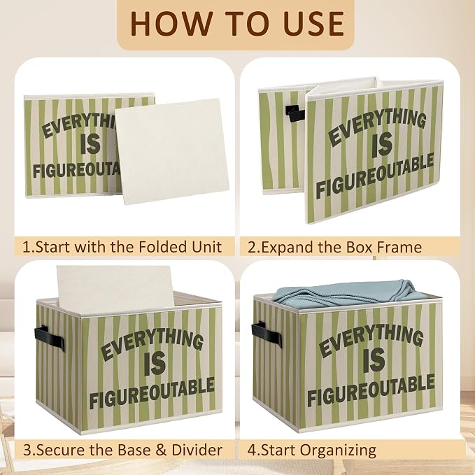 Inspirational Everything Is Figureoutable Foldable Storage Bins Box with Handles, Motivational Retro Green Striped Decorative Storage Boxes Baskets Toybox Organizer for Bedroom Bathroom