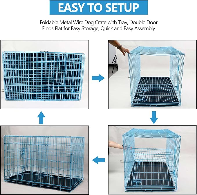Foldable Dog Crate, 30 Inch, Blue, Portable, Easy to Clean, Safe and Secure Construction, Ideal for Travel and Indoor Use