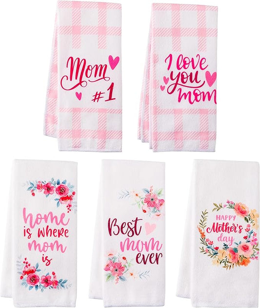 R HORSE 5Pcs Best Mom Kitchen Dish Towel Set Mother Pink Floral Absorbent Drying Dish Tea Towels Bar Hand Dishcloths Kitchen Rag Happy Mother's Day Decor for Bathroom Home Housewarming Supplies