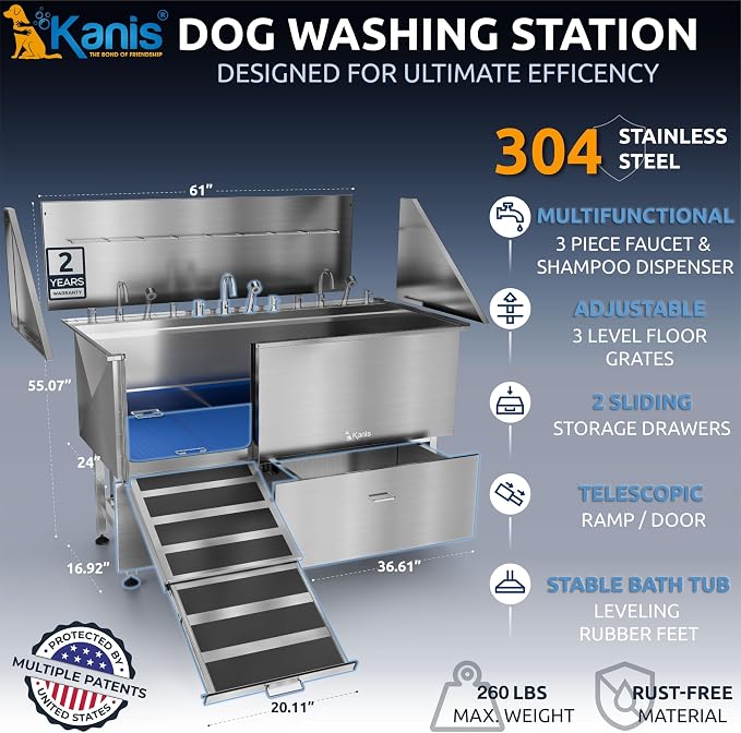 Professional Dog Washing Station 304 Stainless Steel Pet Wash Sink | Grooming Bathtub w/Shower, Floor Grates and Storage for Large, Medium & Small Pets
