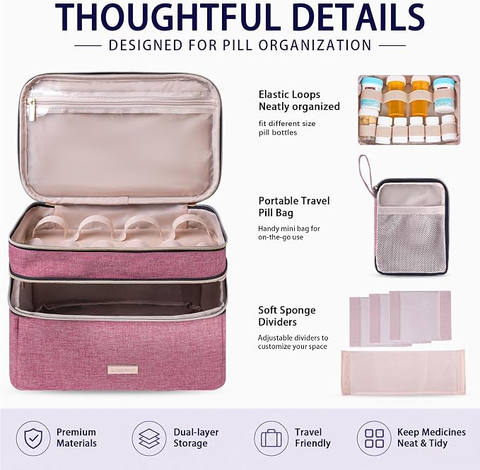 Lexeeco Travel Medicine Pill Bottle Organizer Bag with Portable Small Pouch | Medication Case with Lockable Zipper for Pill,Vitamin,Medicine Storage Box for College Dorm Student,Home,First Aid Bag Empty