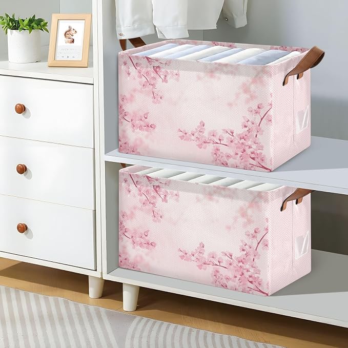 Pink Cherry Blossom Storage Bins for Shelves with Labels&Handles Fabric Organizer Bin Foldable Rectangle Storage Basket Japanese Flower Boxes for Closet, Bathroom, Home, Living Room, Laundry