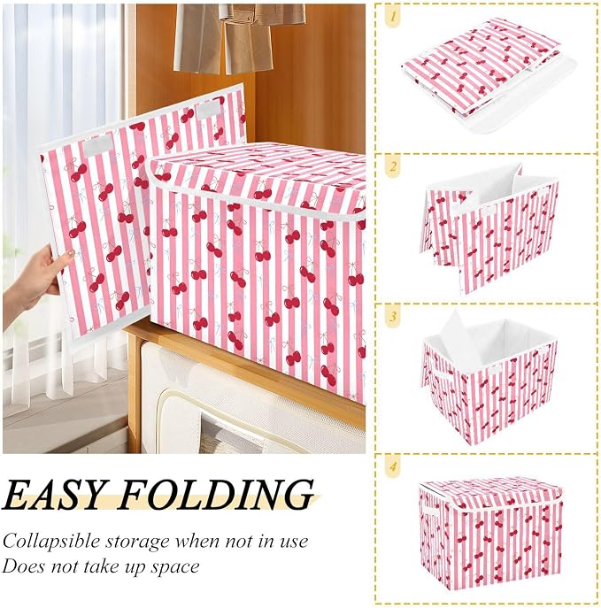 Cherry Fabric Storage Bins with Lid Storage Baskets for Organizing Nursery | Decorative Storage Boxes, Foldable & Stackable, Dust-Proof Flip Top, Reinforced Handles, For Home & Dorm, Clothes & Toy Box