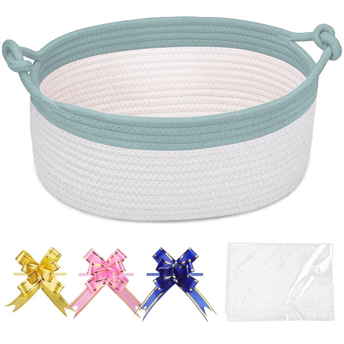 COMSE Small Gift Basket Empty with Bag & Ribbons, Light Green & White | Cotton Rope, 12"x 8"x 5", Pet Toy Storage Organizer, Woven Basket for Birthdays, Baby Showers, Mother’s Day, Valentine’s Day