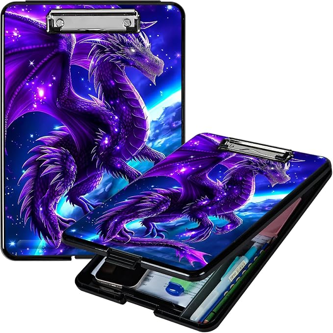 Purple Planet Dragon A4 Clipboard with Storage Pen Holder, Clipboards Organizer Nursing Clipboard Foldable File Folder Plastic Clipboard Folio Clip Board for Office Students Classroom