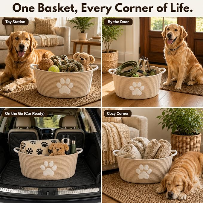 Dog Toy Basket with Handles, Boho Cotton Rope Storage Bin Organizer | Warm boho dog toy organizer, natural woven look. Holds toys, blankets & leashes. Machine washable, collapsible rope bin
