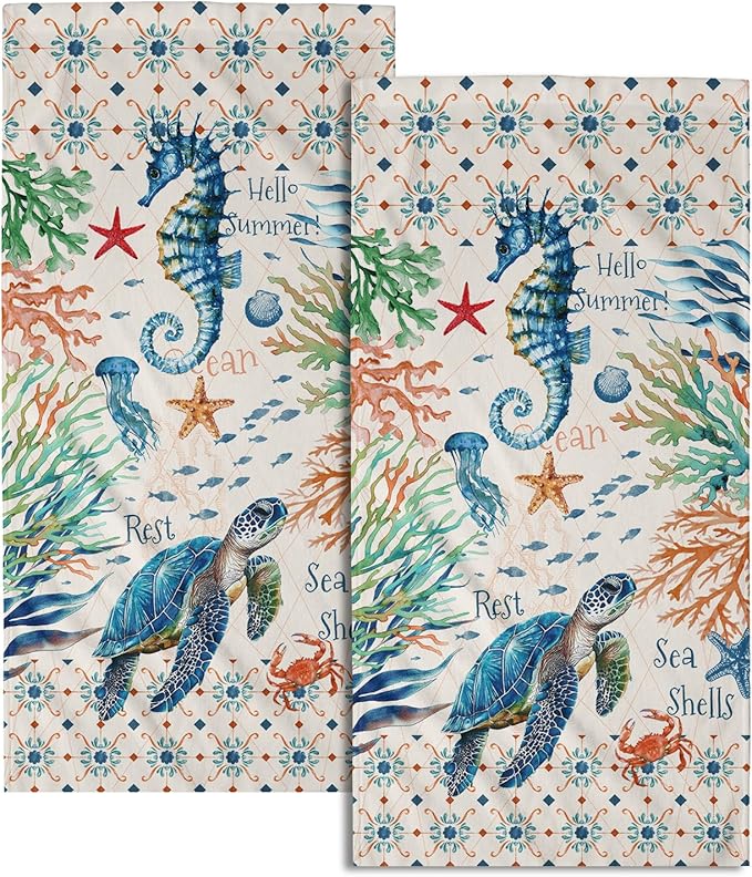 Giwawa Nautical Coastal Hand Towels Set of 2 Sea Turtle Seahorse Decorative Kitchen Dish Towels Soft Fingertip Towels for Bathroom Gym Spa Gifts
