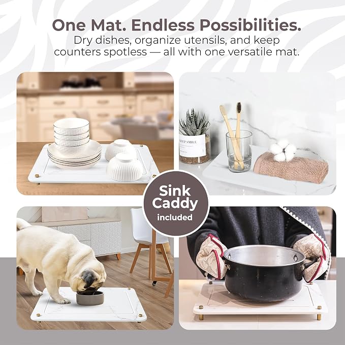 Stone Drying Mat for Kitchen Counter + Sink Caddy | 15.7"x11.8" Diatomaceous Earth Drying Mat with Stainless Steel Feet | Heat Resistant to 450°F | Eco-Friendly Dish Drying Stone for Kitchen Counter