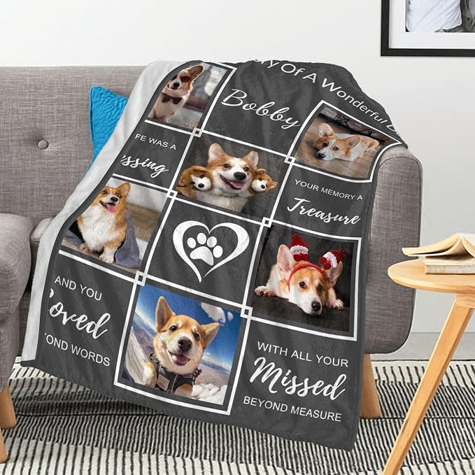 Dog Memorial Gifts for Loss of Dog, Customized Pet Blanket with Photos Name, in Memory of Dogs Personalized Blanket, Pet Memorial Gifts for Dogs, Pets Mom Gift