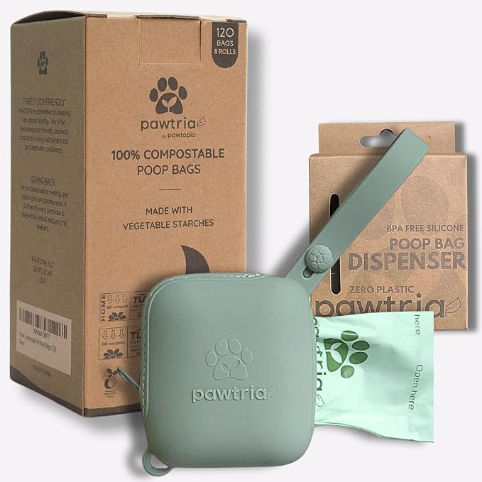 Pawtria Walk Duo: Dog Poop Bag Rolls (120) + Silicone Poop Bag Holder | 120 Compostable Dog Poop Bag Rolls with BPA-Free Silicone Poop Bag Holder for Cleaner, Easier Walks