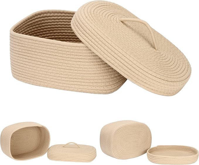 Sea Team Oval Storage Basket, Woven Cotton Rope Basket with Lid, Khaki | Decorative Knitted Storage Bin, Multi-Purpose Lidded Organizer for Closet Shelves, Nursery and Household Storage