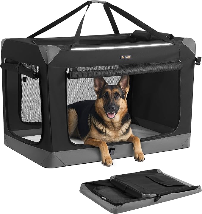 Feandrea Collapsible Dog Crate, Portable Oxford Fabric Pet Travel Crate with 4 Mesh Doors, Handles, Pocket, 42 Inches, for Large Dogs, Ink Black and Dove Gray UPDC031BH01