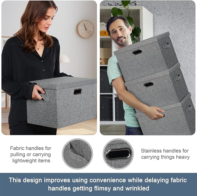 Storage Bins with Lids Fabric Closet Organizers Cubes Office Organization | 36 Quart 3 Pack Black and White Mix Collapsible Stackable Linen Fabric 4 Handles Bedroom Closet Cabinet Under Bed Clothes Toy