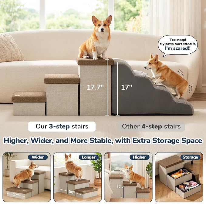 3-Step Wide Dog Stairs with Hidden Storage 18" H, Non-Slip Dog Steps for High Bed Couch Car, Jiont-Friendly Pet Stairs Ramp for Small/Medium/Large Old Dogs Cats Up to 220lbs, Beige&Coffee Lid