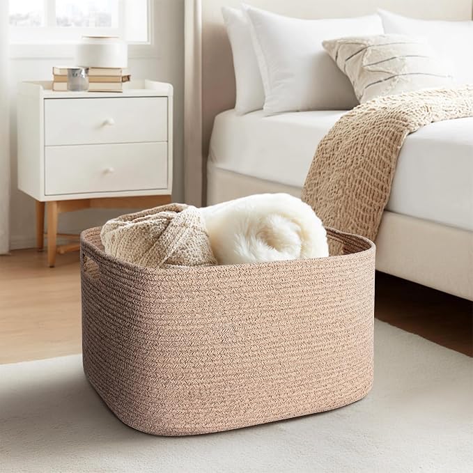 Large Storage Basket for Blankets, 75L Woven Blanket Storage for Living Room, Cotton Rope Baskets for Organizing, Kids Dog Toy Bin Box, Rectangle Pillow Holder Organizer, 22”x17”x12”
