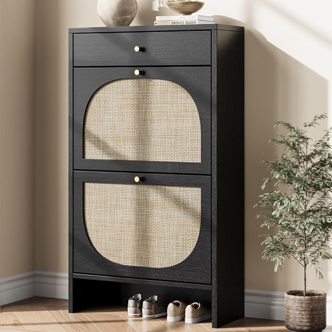 Shoe Cabinet for Entryway, Slim Shoe Rack with 2 Flip Drawers and Top Storage Drawer, Narrow Shoe Organizer with Printed Rattan-Look Design, Entryway Shoe Storage for Size 12+ Shoes, Black