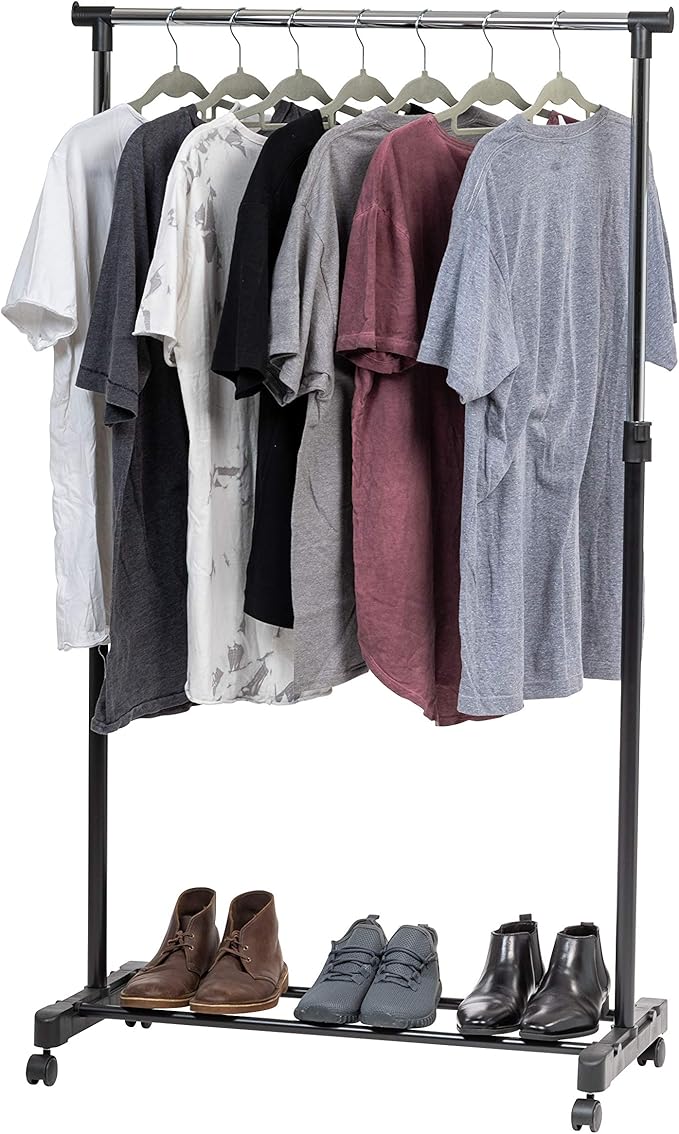 IRIS USA Single Rod Rolling Clothes Rack, Height Adjustable, Black | Adjustable hanging space for garments, accessories, and storage needs with smooth mobility
