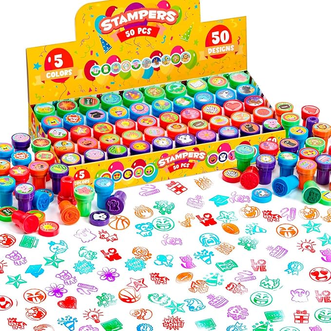JOYIN 50 Pcs Assorted Stamps for Kids - Self-Ink Stamps with 50 Designs for Birthday Party Favor, Carnival Prizes, School Stampers, Goodie Bag, Classroom Treasure Box Toys (Zoo, Holiday Stampers)