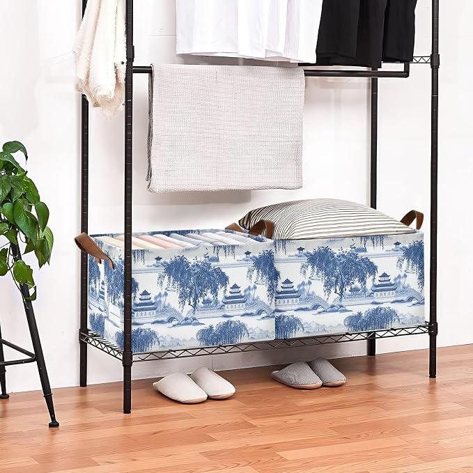 Blue and White Porcelain Pavilions Willow Tree Storage Bins for Shelves with Labels&Handles Fabric Organizer Bin Foldable Rectangle Storage Basket Boxes for Closet, Bathroom, Home, Living Room, 2 Pack