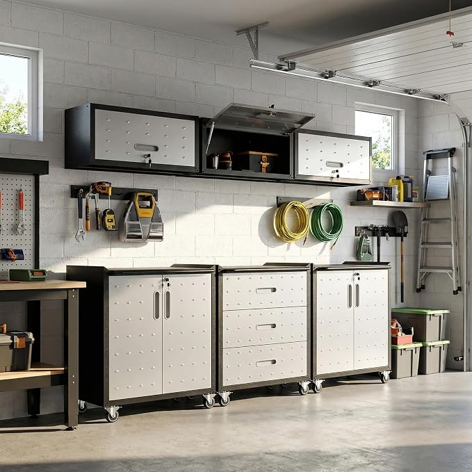 Garage Cabinet System | Heavy Duty Steel All-in-One Modular Garage Cabinet Set for Ultimate Workshop Organization | Easy Assembly Garage Storage Cabinets & Tool Bench
