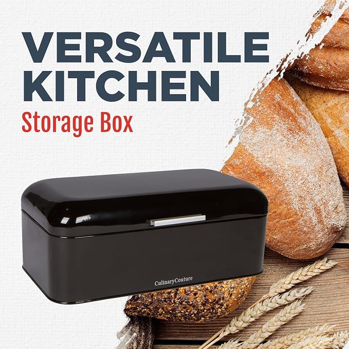 Extra Large Black Bread Box for Kitchen Countertop 16" x 9" Holds 2 Loaves | Stainless Steel Vintage Bread Boxes for Kitchen Counters