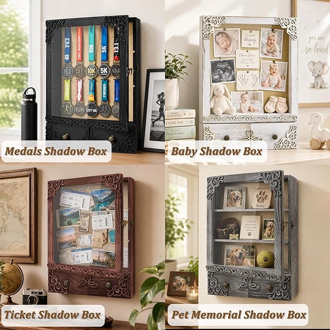 11x16 Wedding Memorial Shadow Box Frame with Shelves, Brown