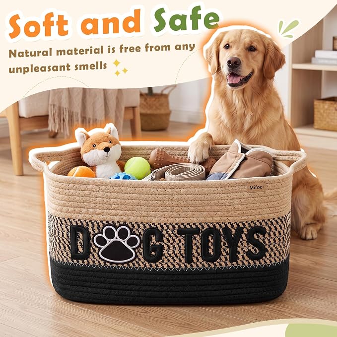 Large Dog Toy Basket with Handle, Quality Cotton Rope Dog Toy Bin | 17"x13"x7" Woven Baskets for Organizing, Large Pet Toy Storage Organizer for Accessories Coat Clothing Blanket Leash