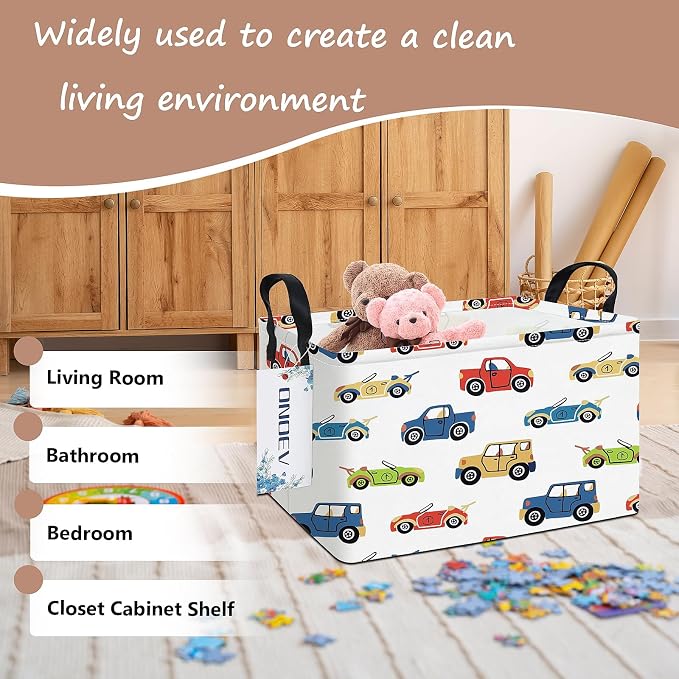 Rectangular Cartoon Car Storage Bin,Closet Organizer Basket | Waterproof fabric, reinforced handles, foldable bin holds apparel, gaming‑gear and belongings for teen‑boy bedrooms