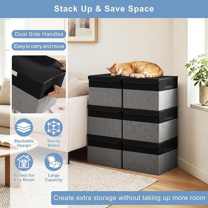Large 22 Quart Linen Fabric Foldable Storage Bin Cube Organizer Basket with Flip-Top Lid & Handles, Clothes Blanket Box for Home, Office, Closet, Black & Gray, 4 Pack 14.6 x 9.5 x 9.5
