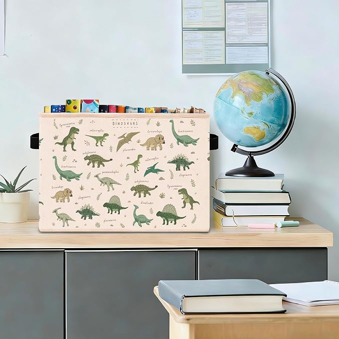 Dinosaur Storage Bin, Foldable Fabric Organizer | Watercolor dinosaur storage bin for toys, books, clothes, blankets, nursery supplies, playrooms, shelves, and closets.