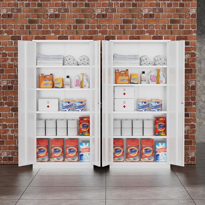Greenvelly Metal Storage Cabinet, 72" Locking Metal Garage Storage Cabinet with Doors and 4 Adjustable Shelves, White Lockable Steel Cabinet for Home Office, Garage, Shop, School (32" W x 16" D)