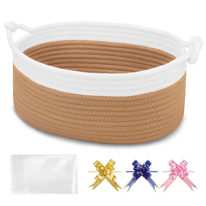 Small Empty Gift Basket with Bag & Ribbons, White & Camel | 12“x8”x5”, Cotton Rope Woven Basket for Birthdays, Baby Showers, Mother's Day, Christmas; Stores Small Items, Kids & Pet Toys
