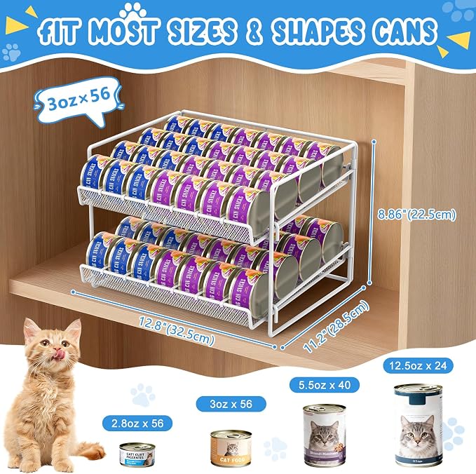 Cat Food Can Organizer 2-Tier Can Organizer for Pantry 56 Cans 3.5oz | White metal 2-tier cat food can organizer,Holds 56 cans 3.5oz,Adjustable pantry countertop storage for kitchen counter