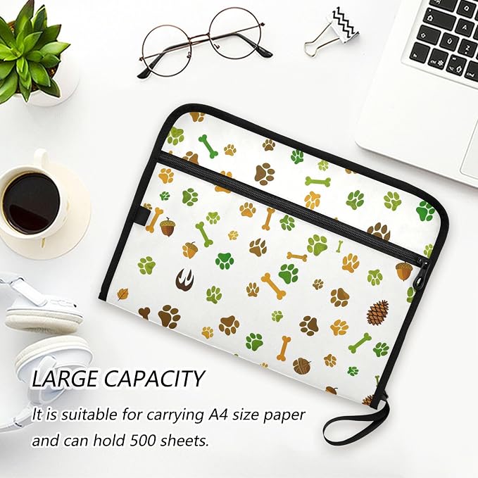 Autumn Pet Paw Print Pattern Expanding File Folder with Sticky Labels, 13 Pockets Accordion File Folder Document Organizer Expandable Zip File Folder with Zipper Closure