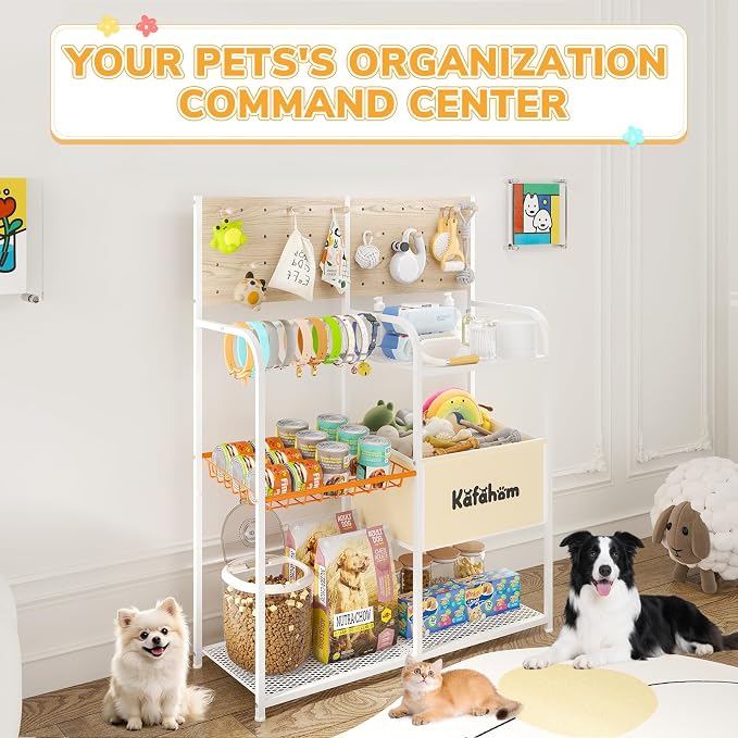 Dog Toy Basket with Pegboard, Dogs Toy Bin with Storage Organizer, All-in-One Dog Stuff Box & Essential Holder, Perfect Basket for Dog Toys in Living Room, Great Gifts for Pet Lovers, White