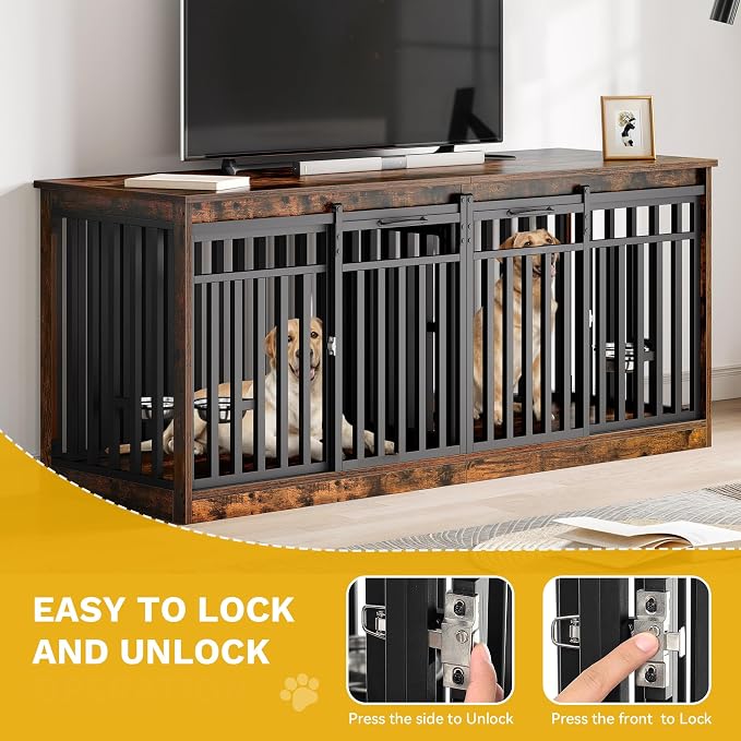 DWVO 71" Double Dog Crate Furniture for 2 Medium Dogs with Dog Bowls | Heavy Duty Wood Dual Dog Kennel TV Stand with Sliding Doors, Decorative 2 Dog Cage Table for Extra Large Dogs Rustic Brown