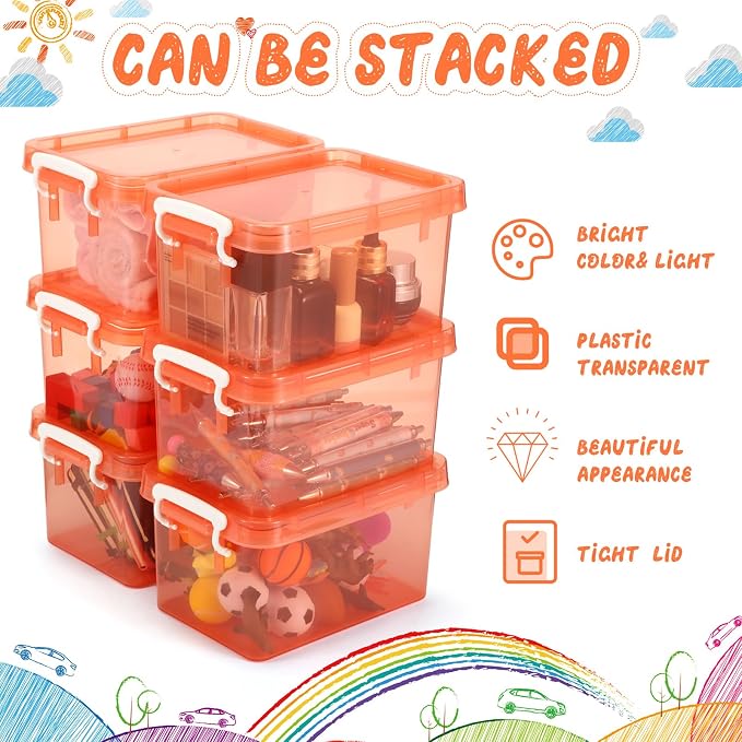 6 Pack Colorful Plastic Storage Bins with Lids 4 Quart Small Storage Latch Box Stackable and Nestable Clear Organizer Bins with Latching Handle and Buckle for Organizing(Orange)
