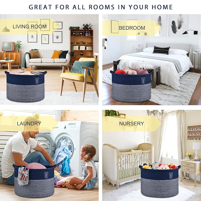 COMSE XXXLarge Woven Blanket & Laundry Basket, 87L, Navy Blue | 21.7" x 13.8", Cotton Rope, Nursery Hamper for Storage of Toys Clothes Towels, Ideal for Living Room Bedroom Bathroom