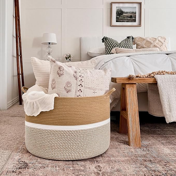 CHICVITA XXL Cotton Rope Woven Blanket Basket with Handles, Brown & White | Extra large 22x22x14in storage basket doubles as clothes hamper. Decorative for living room, nursery