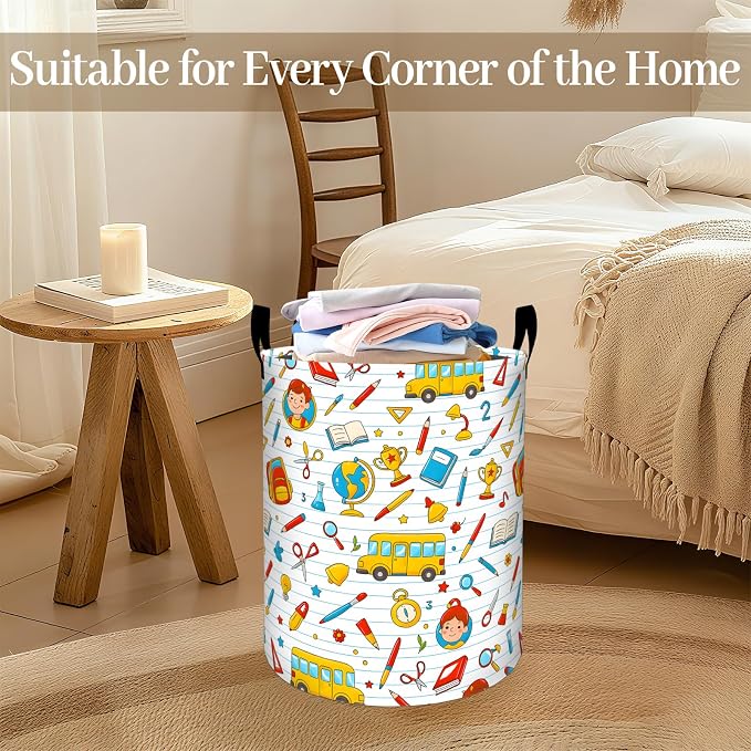 Study Supply Laundry Basket, Cute Cartoon Foldable Oxford Cloth, Waterproof Dirty Clothes Hamper with Handles, Clothing Storage Bin Toy Organizer for Bedroom Dorm Bathroom, 19.7"x15.7"