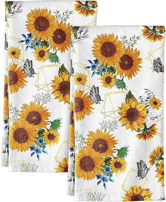 Miss Adola Flour Sack Kitchen Towels - Set of 2 Spring Dish Towels with Hanging Loop 18x26 Inch Absorbent Reusable Cotton Cloths for Cleaning Cute Design Home Decorative Housewarming, Sunflower