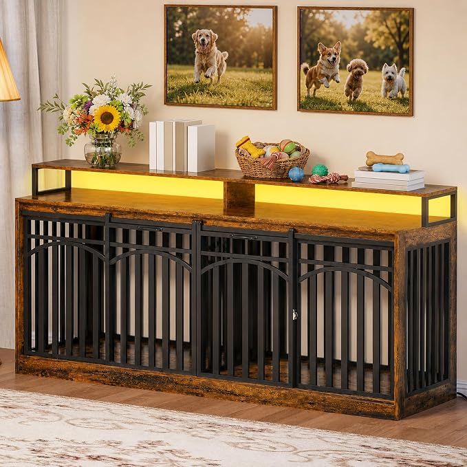 DWVO 71" Double Dog Crate Furniture with Power Outlets & LED Light | Heavy Duty Dog Single/Double Kennel TV Stand with Shelves & Sliding Doors, Wooden Cage Table, Rustic Brown