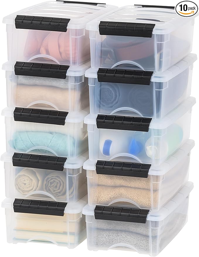 IRIS USA 10-Pack 6 Quart Storage Bins with Lids, Clear | Transparent design makes contents easy to find. Ideal for shoes, photos, documents, and small essentials. Nestable design
