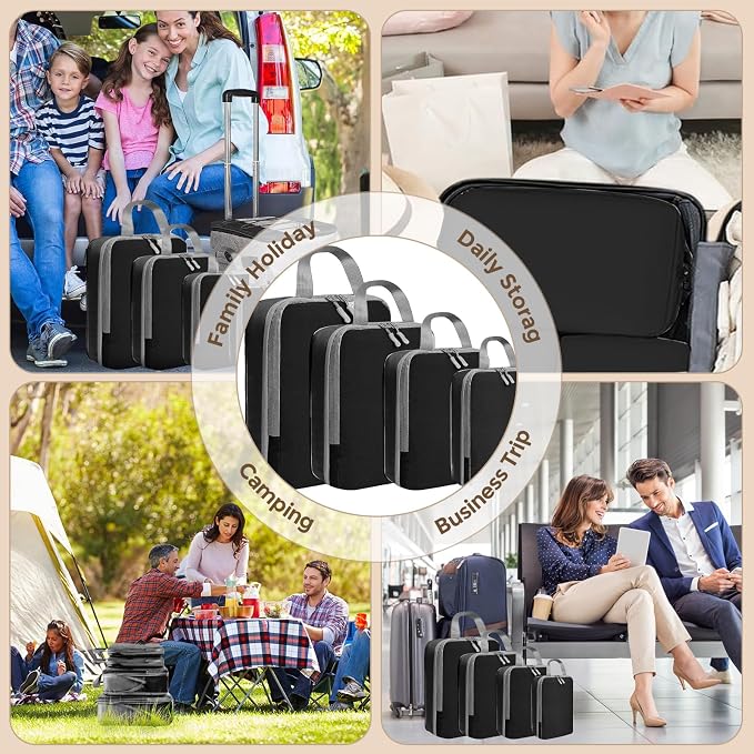 LANSKLBD 6/8 Set Packing Cubes for Suitcases Travel Luggage Packing Organizers,Travel Accessories Essentials Luggage Organizer with Shoe/Tioletry/Laundry Bag (Black-1, 4 set)