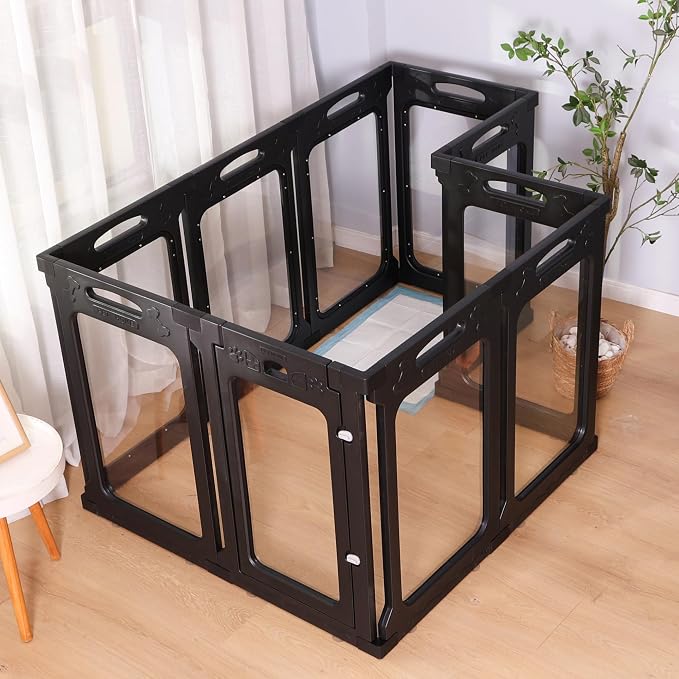 Clear Acrylic Indoor Dog Playpen, 24" H, 2 Panels, Black | Open View, Modern Home Fit, No Climbing Bars, Tool-Free Setup, For Puppies & Small Dogs