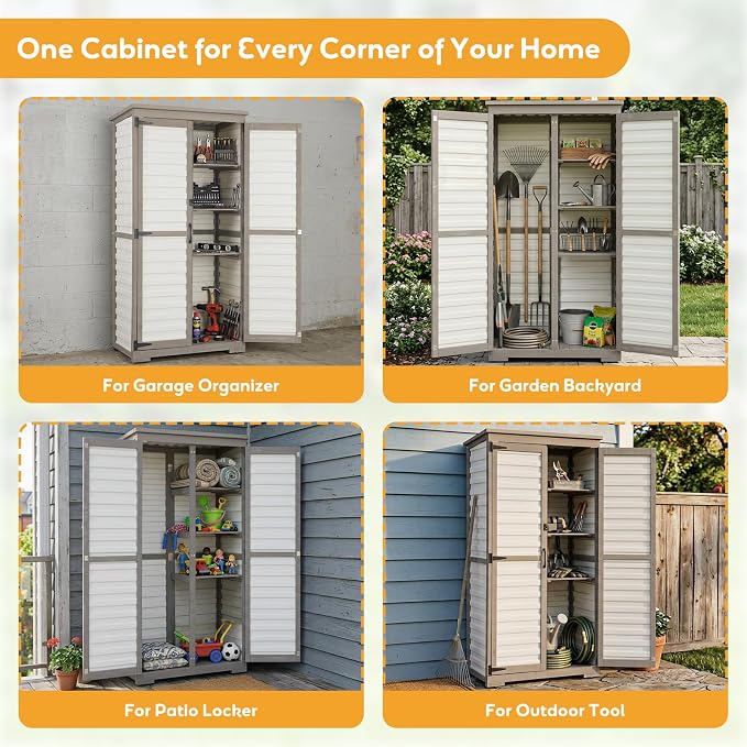 Outdoor Storage Cabinet, Wood & Plastic Garden Shed with Adjustable Shelves | Waterproof Slanted Roof, Rustproof Plastic Panels, Lockable Magnetic Doors, Leveling Feet, White, for Patio, Backyard, Garage